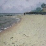 Картина берег моря с Балтийского моря в непогоду. Пляж пустынен и дует ветер.