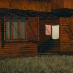 Landscape painting with house from Bulgaria with wooden wall and window