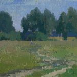 Field landscape apinting with trees, grass, summer, and sky