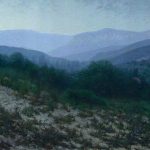 Crimea landscape painting "Rainy Morning" with mountains, trees