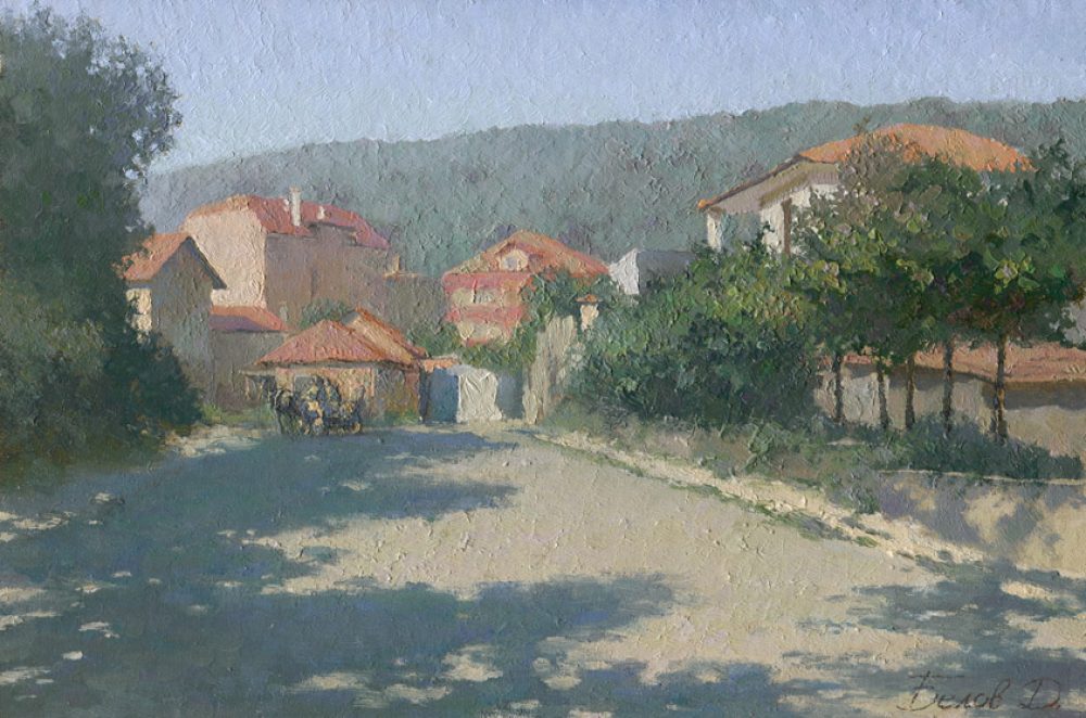 Oil cityscape painting Street in Obzor with trees, city houses and horse wagon